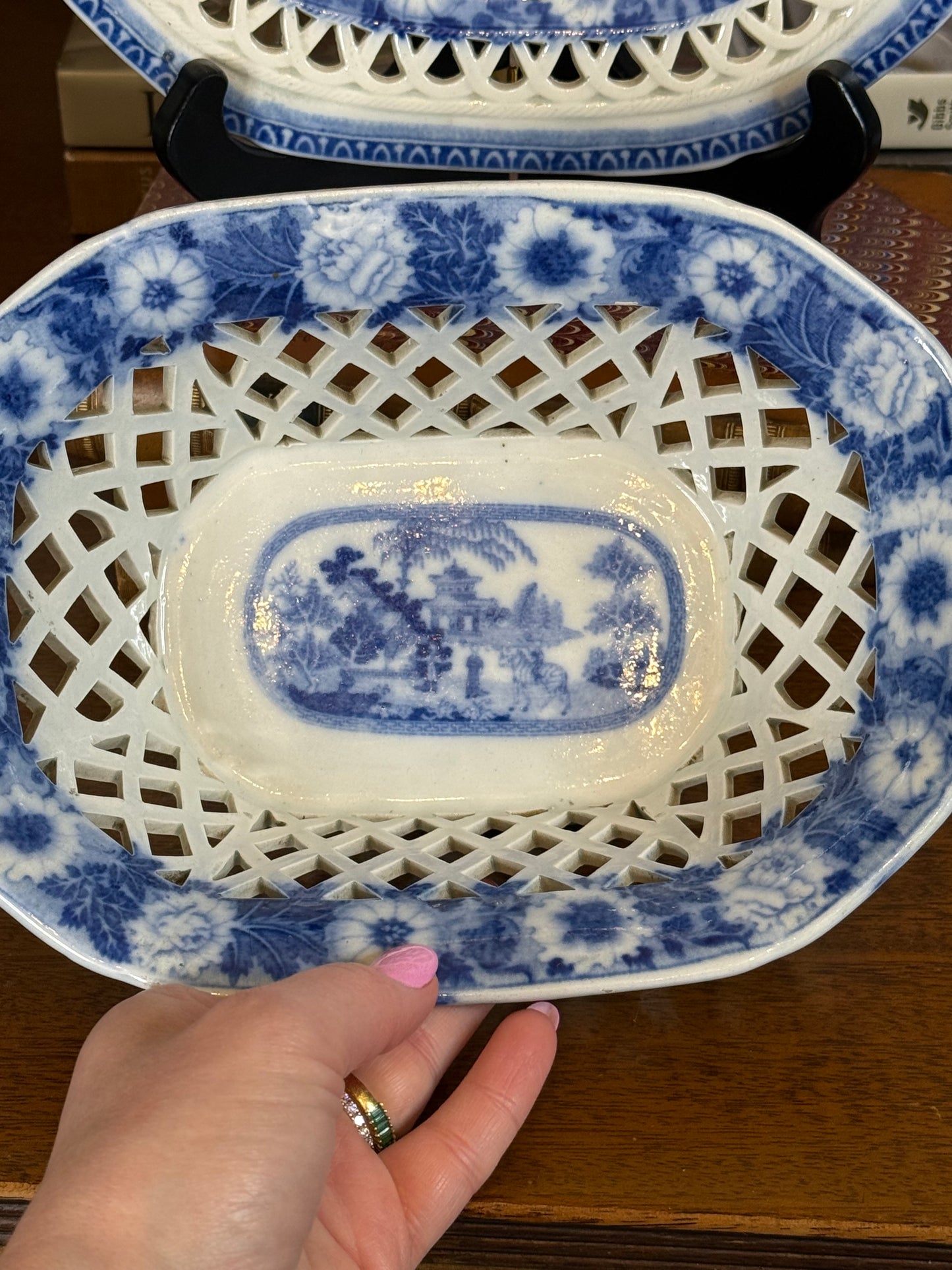 Antique Pearlware Blue & White Pierced Basket and Stand | c.1820 | Style DA4390