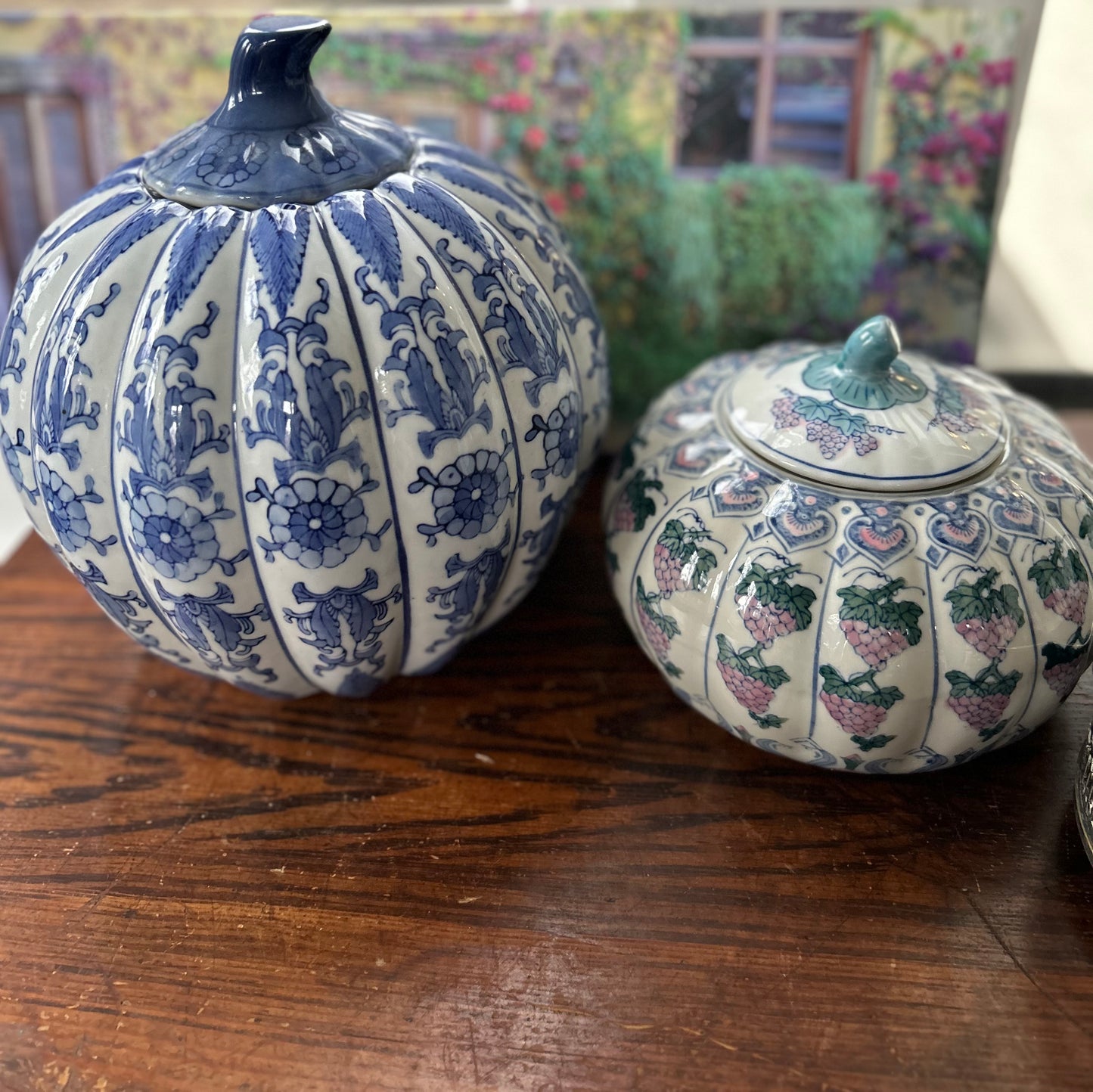 Adorable Chinese Blue White and Pink Pumpkin Chinese Ginger Jar