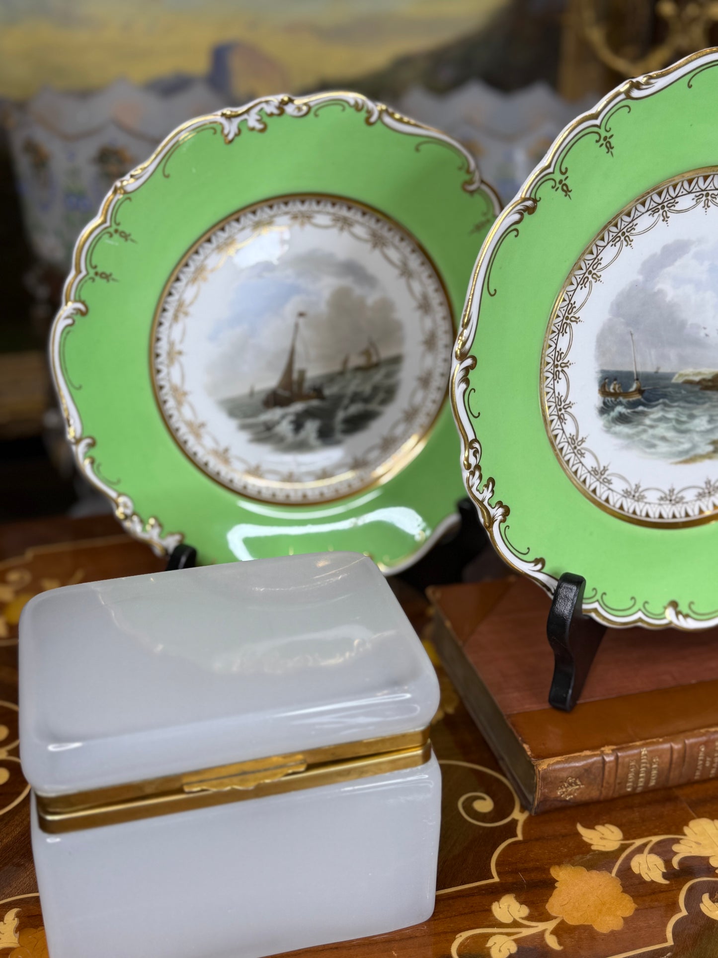 Pair of Ridgway Seascape Plates, c. 1870 | Green-Ground with Gilt, 9” Diameter