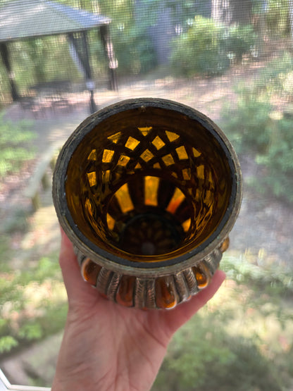 Lovely amber bubble glass vase encased in metal!
