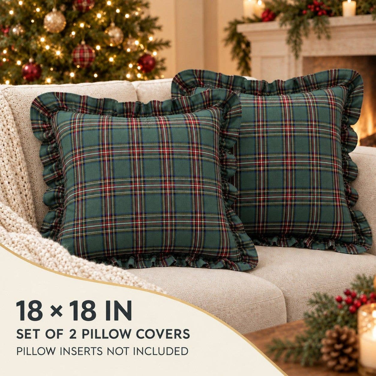Green Plaid Christmas Plaid Ruffle Throw Pillow W/ Down Insert | 18 x 18"