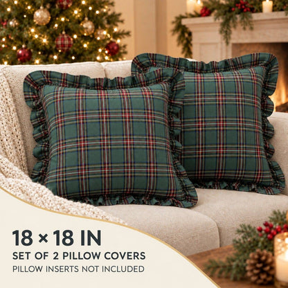 Green Plaid Christmas Plaid Ruffle Throw Pillow W/ Down Insert | 18 x 18"