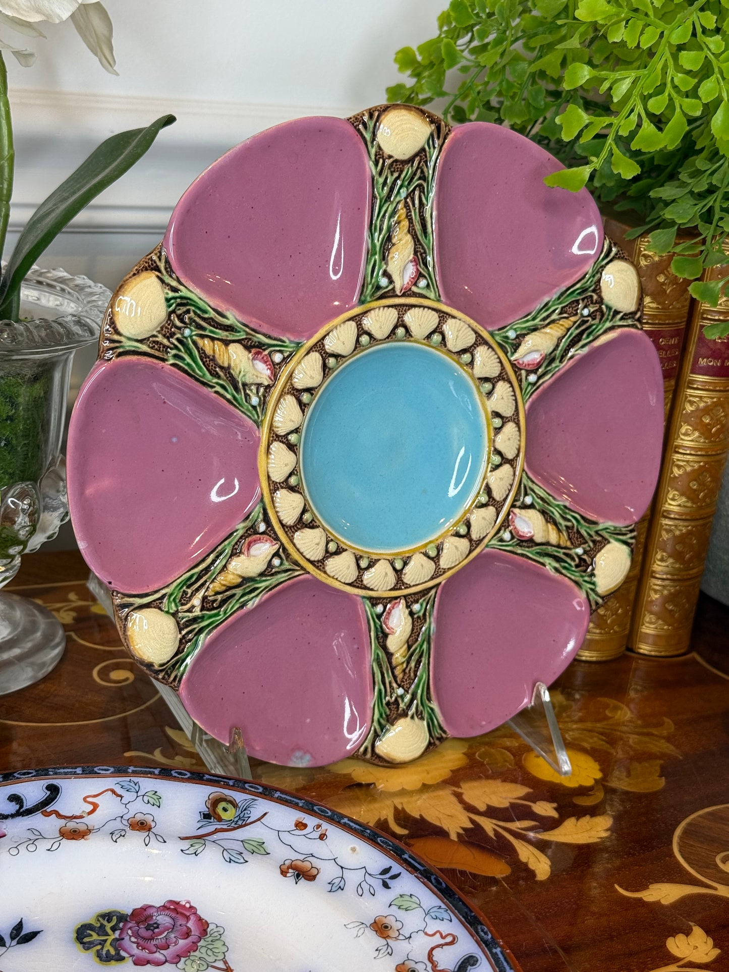 Antique Minton Majolica Oyster Plate | Pink & Turquoise & Shell Motif | 9” Diameter