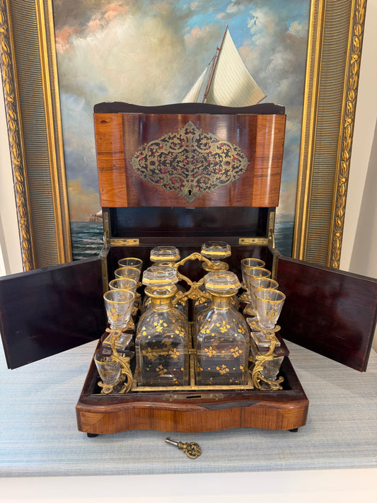 Stunning Antique French Monogrammed Tantalus with 16 Cordials, 4 Decanters & Key