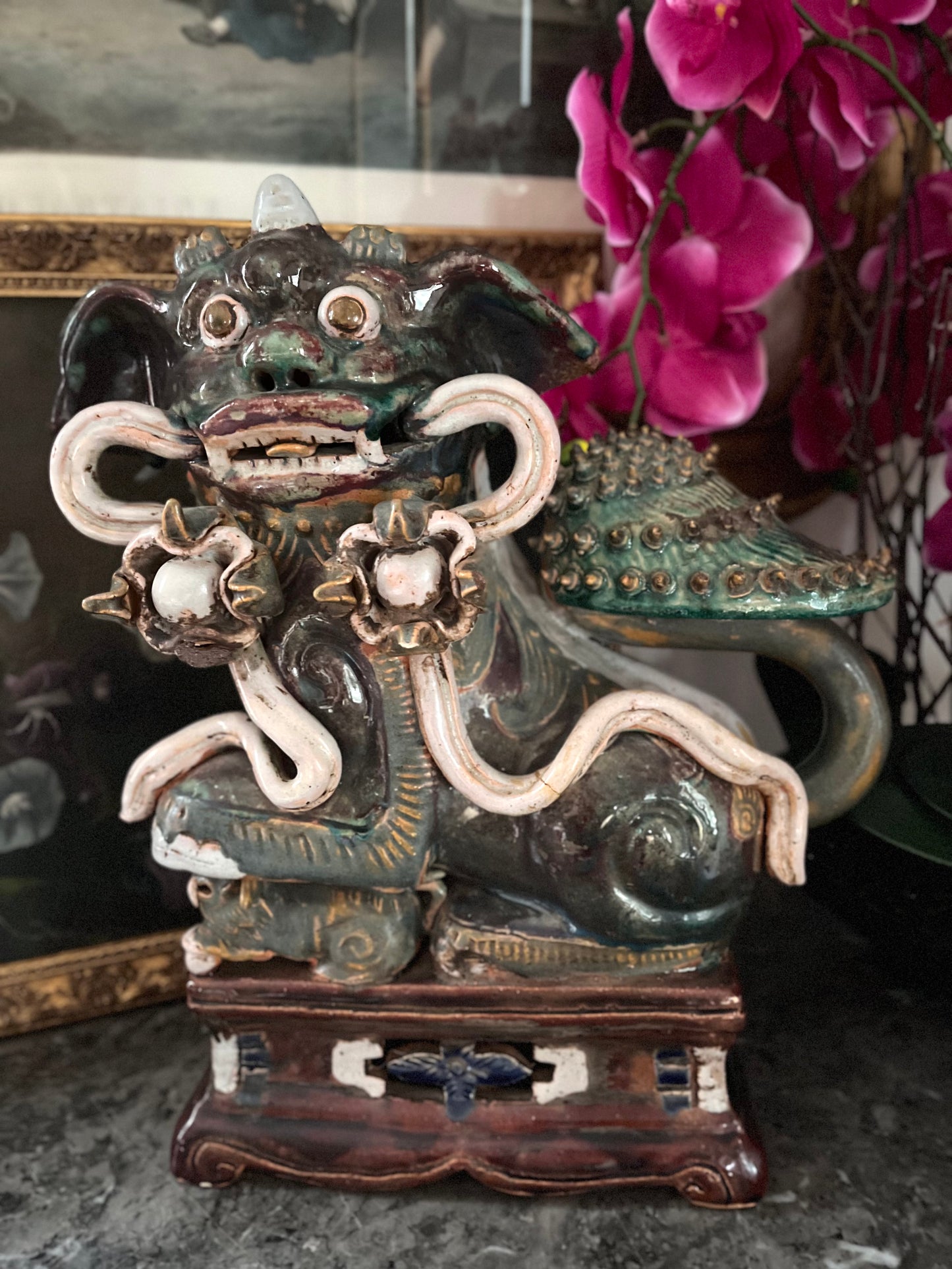 Live 7/7 Substantial Antique Chinese ShiShi Guardian Lion | Glazed Pottery Temple Figure