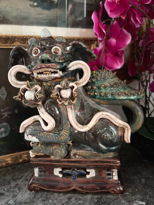 Substantial Antique Chinese ShiShi Guardian Lion | Glazed Pottery Temple Figure