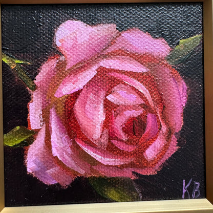 Mini art dark pink rose original oil paintings on stretched canvas 3x3”