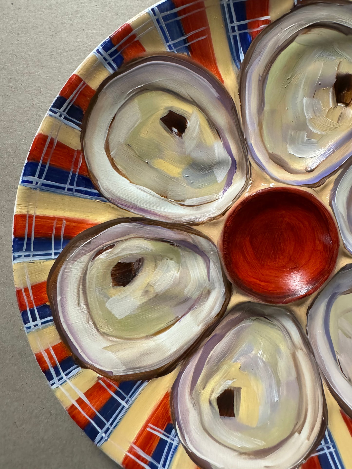 Plaid hand painted oyster plate 9” diameter