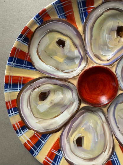Plaid hand painted oyster plate 9” diameter