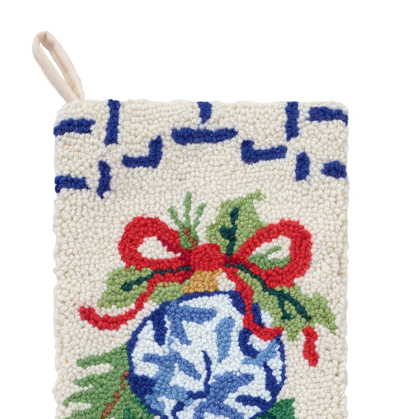 Christmas Blue & White Wool Hook Stocking | Cotton Velvet Holiday Stocking | 12” x 20”