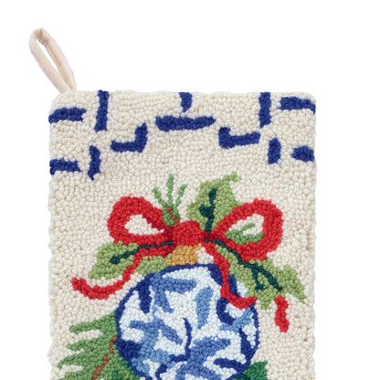 Christmas Blue & White Wool Hook Stocking | Cotton Velvet Holiday Stocking | 12” x 20”