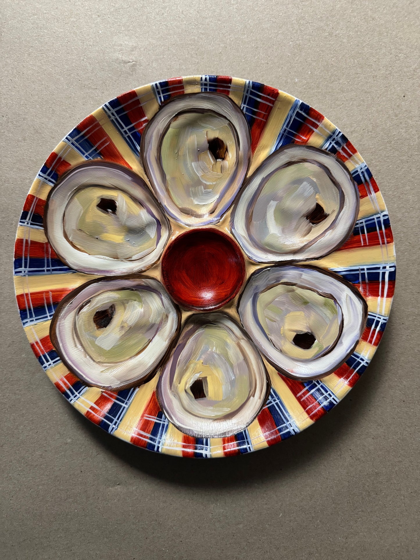 Plaid hand painted oyster plate 9” diameter