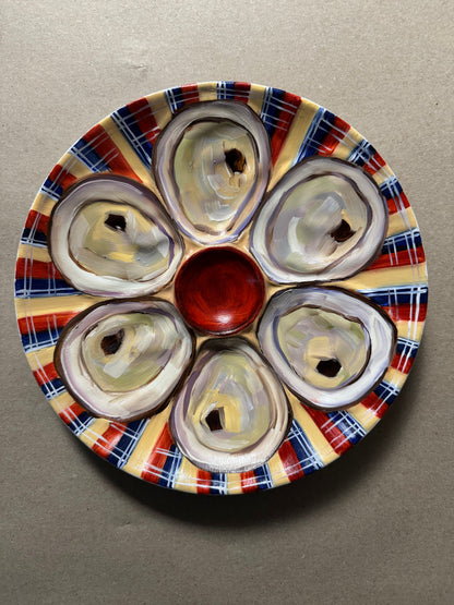 Plaid hand painted oyster plate 9” diameter