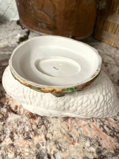 Elegant Mid Century Italian Hand Painted Goose Covered Dish – Base Greens, Rose & Gold