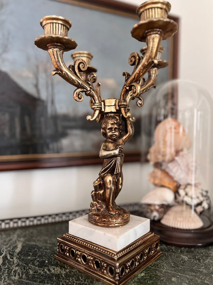 Chateau Style Gilt Cherub Candelabra - 4 Arms With Marble Plinth