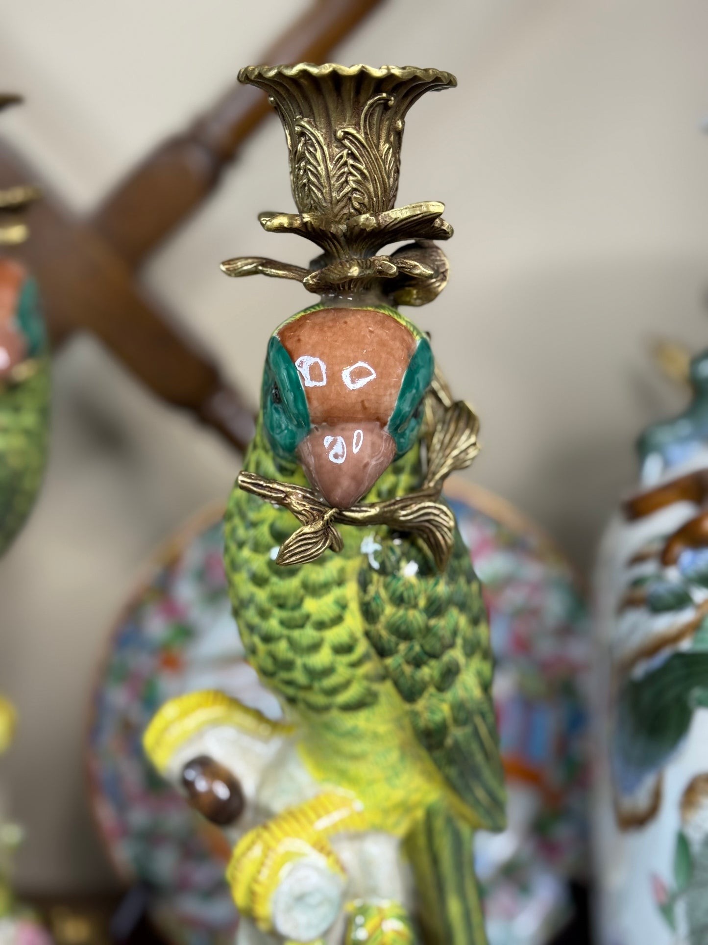 Danny's Fine Porcelain - 14.5” Tall Porcelain Parrot Candlestick Pair with Ormolu Mounts, Chinoiserie Rococo Style