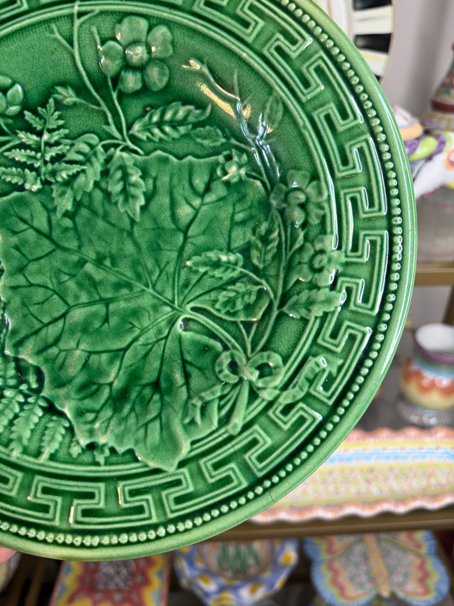 Lovely majolica green plate with Greek key border! As is!