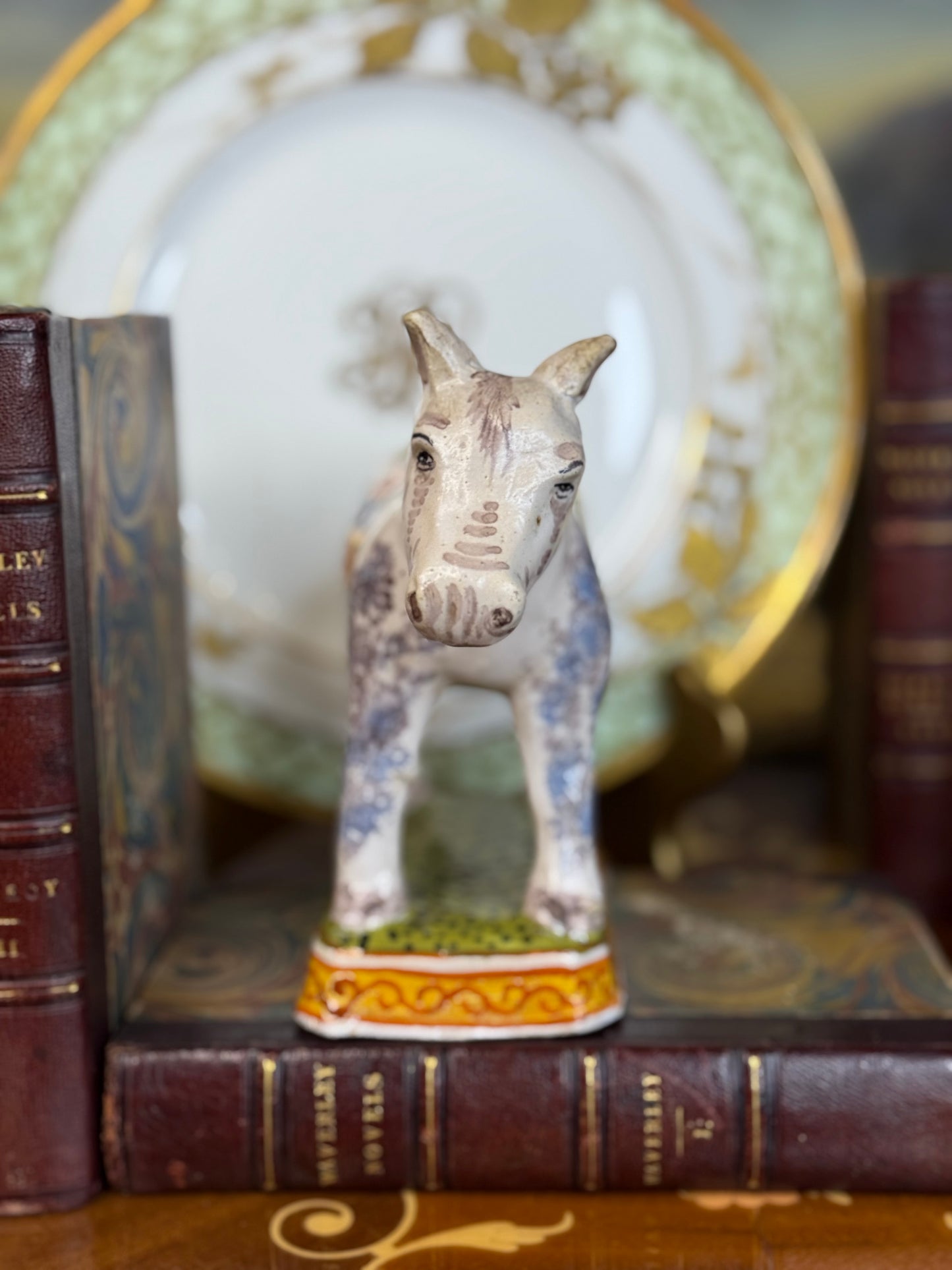 Antique French Faïence Donkey – Hand-Painted Desvres Pottery, Floral Saddle, c. 1880