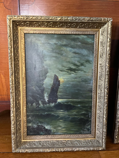 Sold Reserved Estate Antique Moody Coastal Seascape Original Fine Oil Paintings in Gilt Frames | Pair