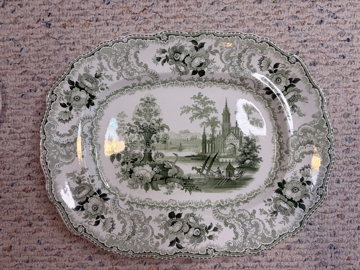 Stunning antique William Adams & Sons "Fountain Scenery" green and white transferware platter with strainer!