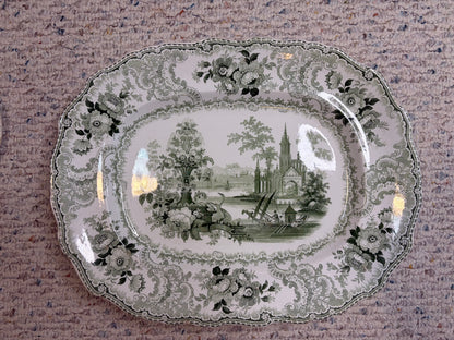 Stunning antique William Adams & Sons "Fountain Scenery" green and white transferware platter with strainer!