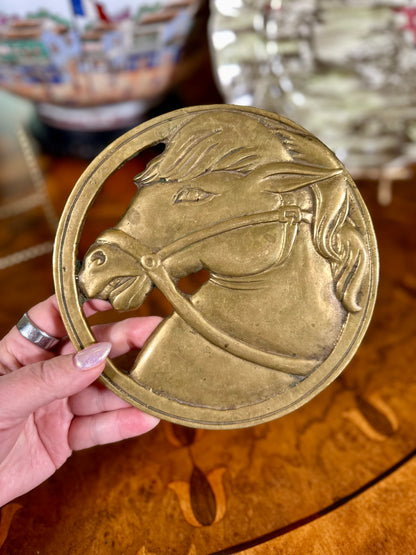 Vintage Cast Brass Equestrian Horse Head Trivet, 6.5”