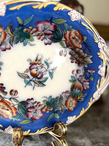 RESERVED - AMYLEA - Live 06/29 Antique Davenport Porcelain Dessert Dish · Cobalt Floral And Fruit · c. 1854 Registered Design