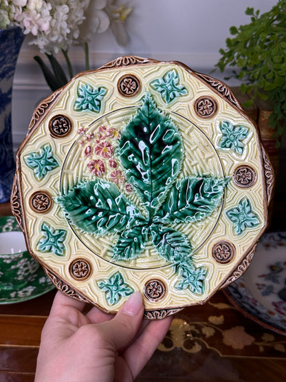 Pair of Antique English Majolica Botanical Plates | Grape Vine & Horse Chestnut Leaf | Victorian Cabinet Plates | 7¼” & 7¾”