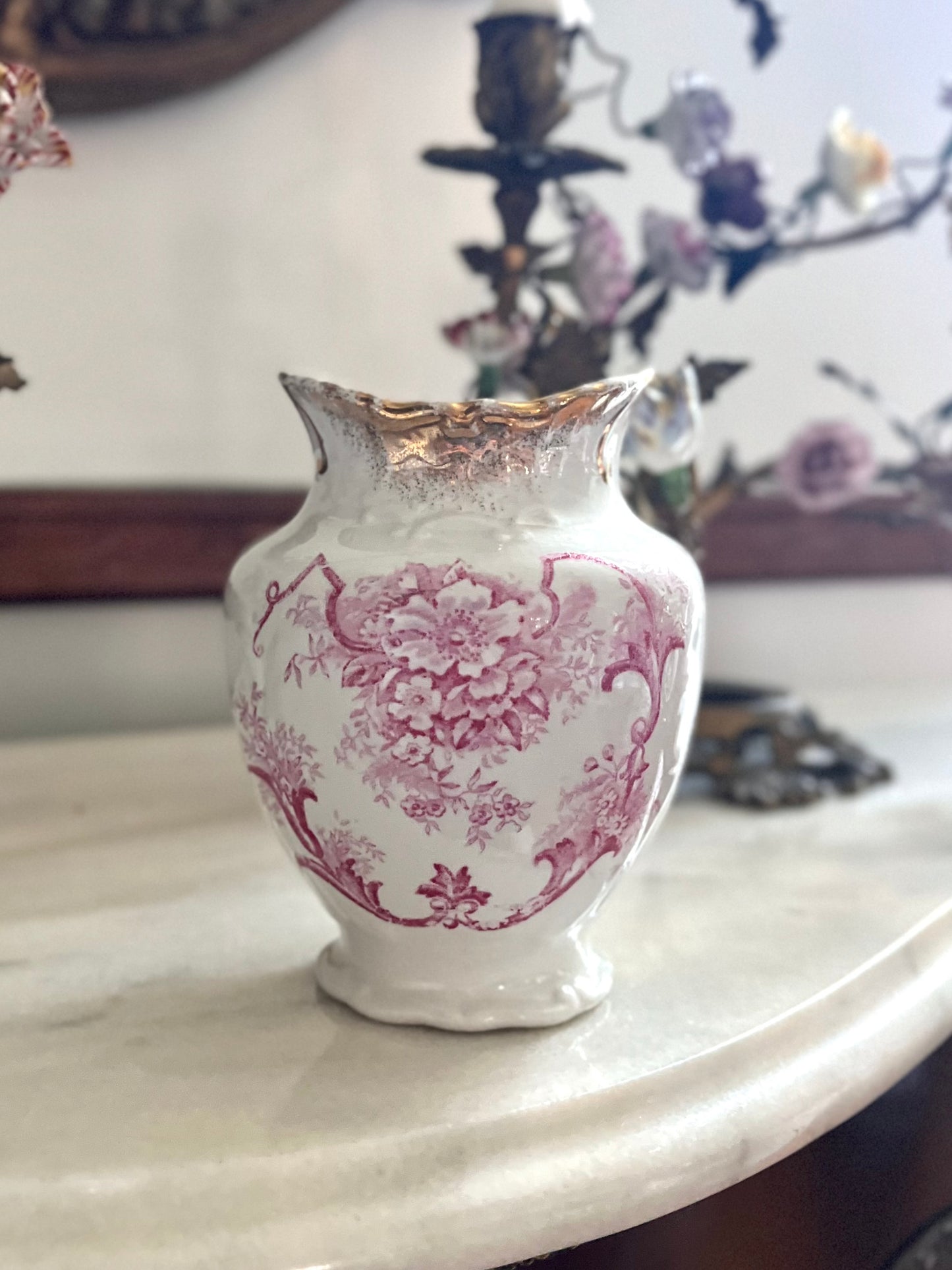⚜️Reserved Live 09/08 Prettiest Antique Raspberry/Pink English Transferware Vase 19th Century