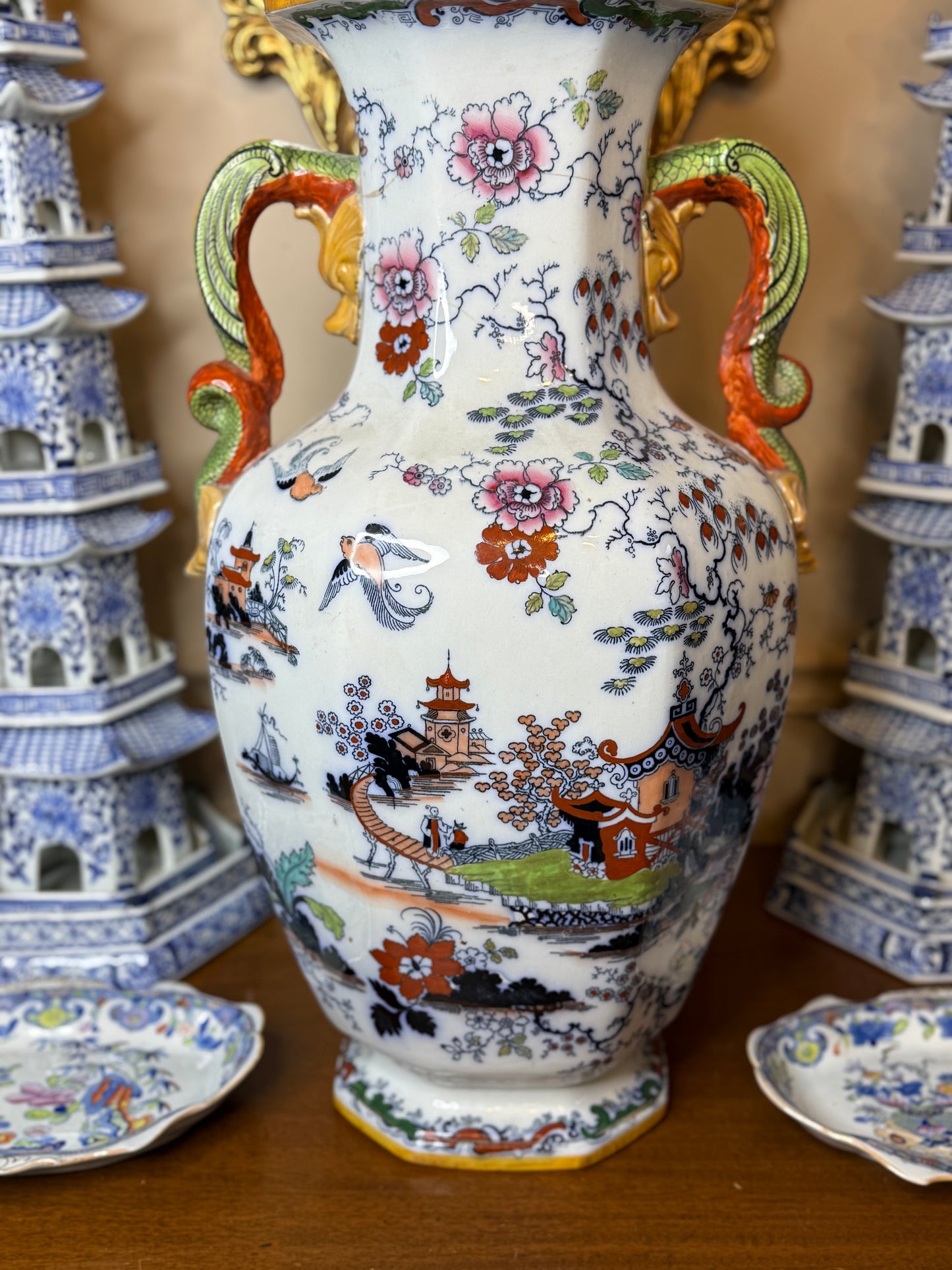 Antique 19c. Masons Single XLarge Urn, 31” Tall, Excellent!!