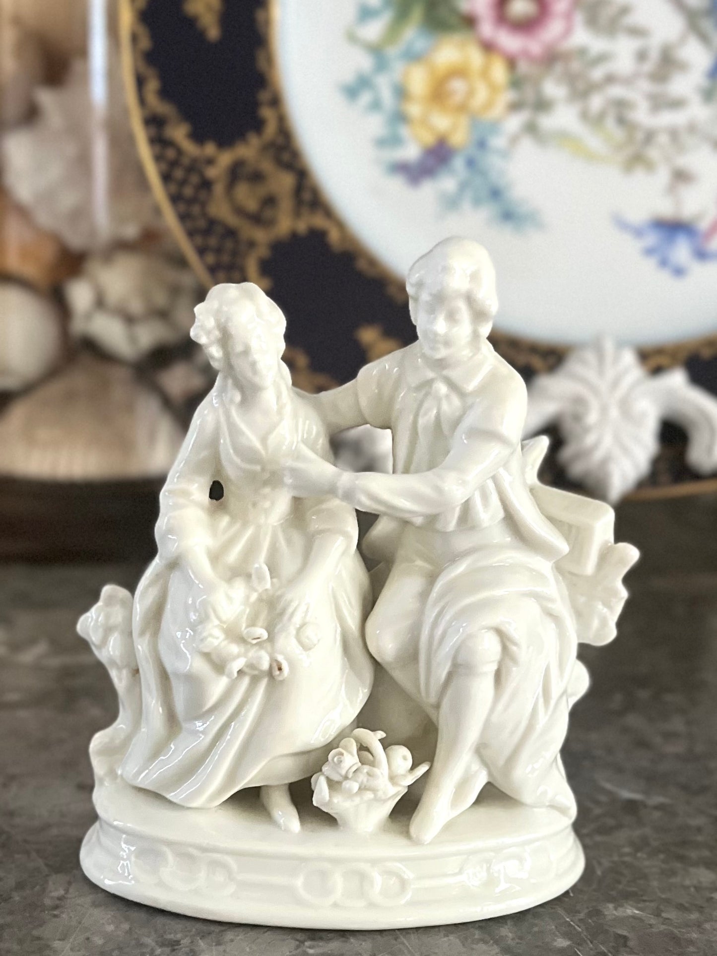 Beautiful Rococo Style Blanc de Chine Porcelain Courting Couple - Dresden Marked