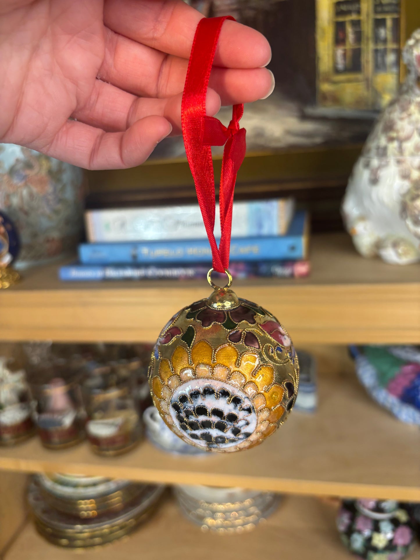 Beautiful sunflower cloisonné ornament with butterflies!