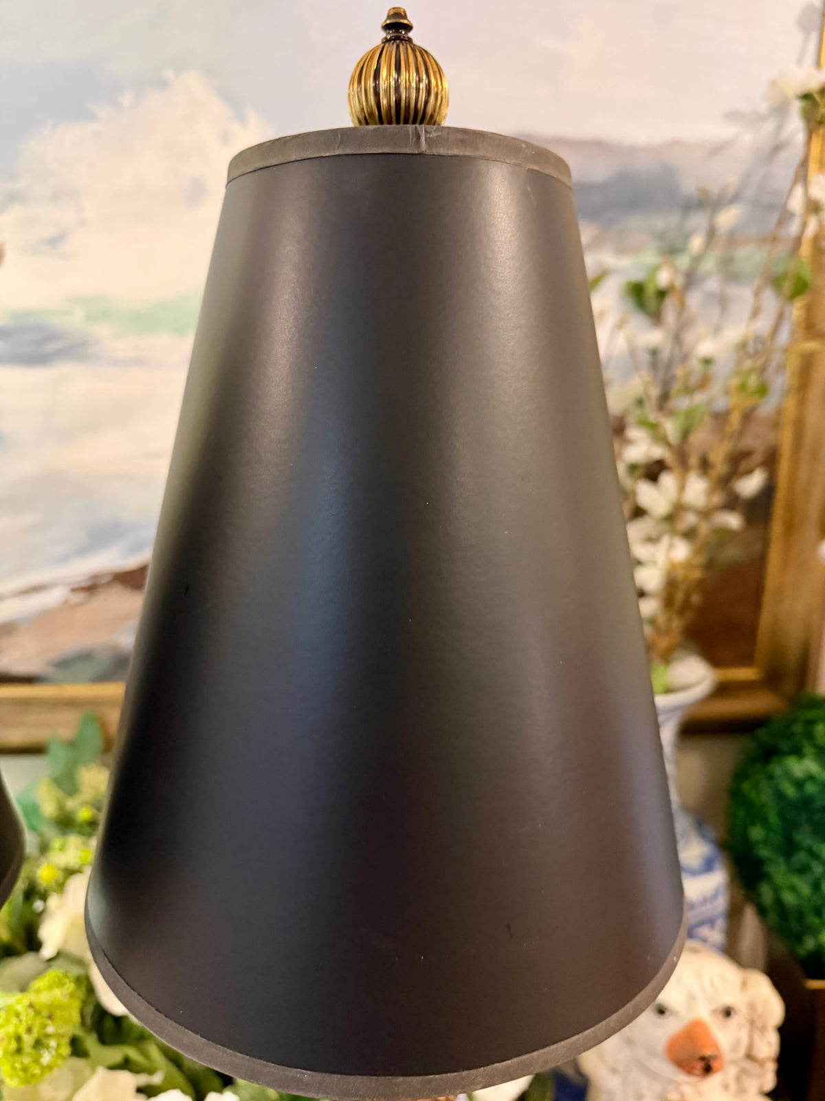 Stunning Statuesque pair of vintage gold gild & Ebony Buffet lamps 31 in w shades