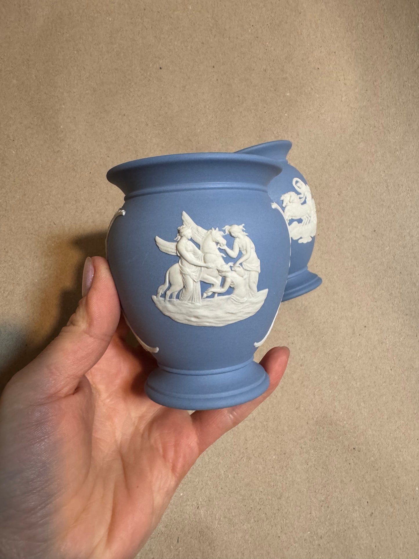A pair of two small 4” lavender vases Wedgwood