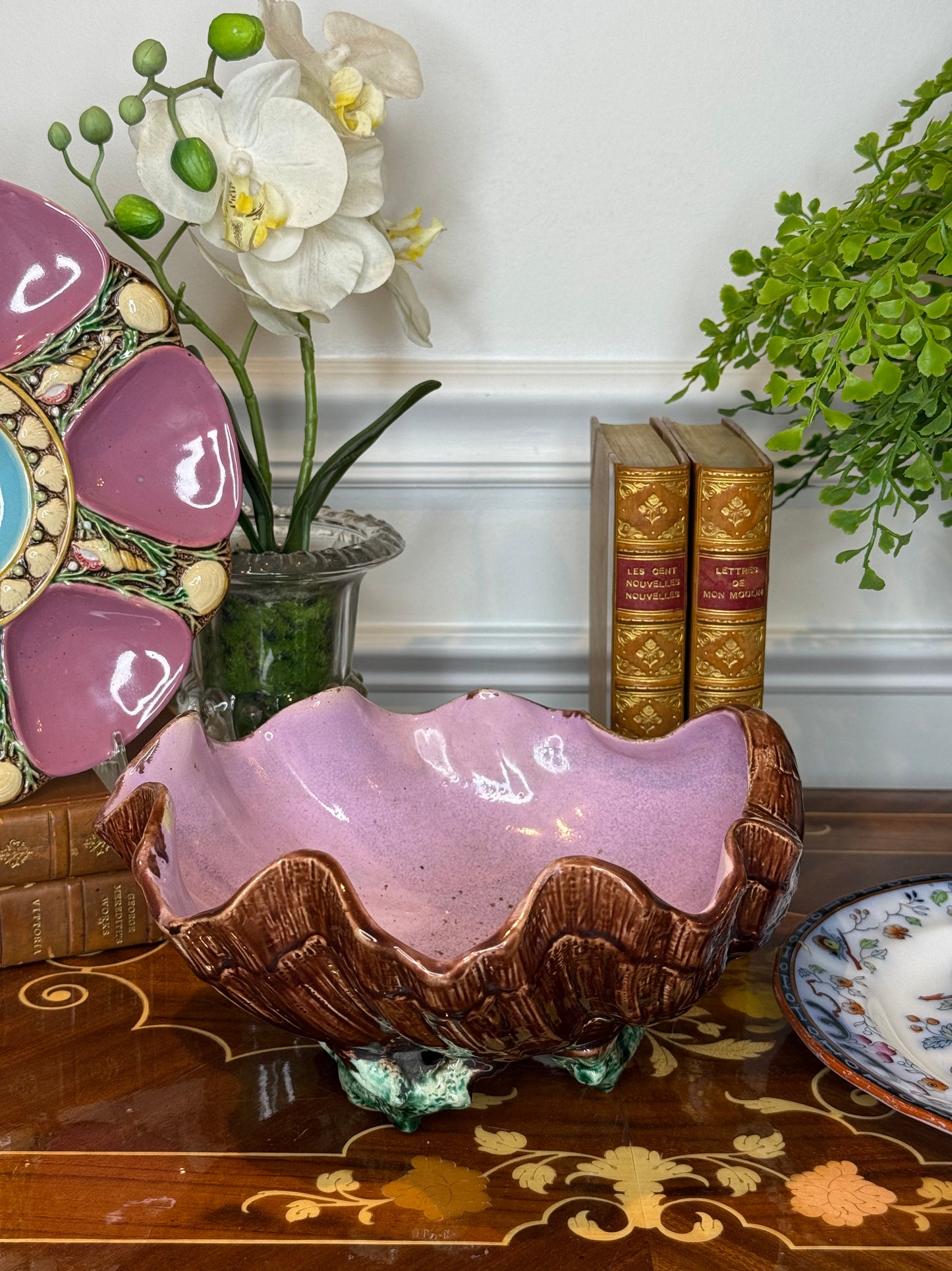Antique French Majolica Oyster Shell Bowl | Pink Shell Form Centerpiece | 9” | Victorian Oyster Style