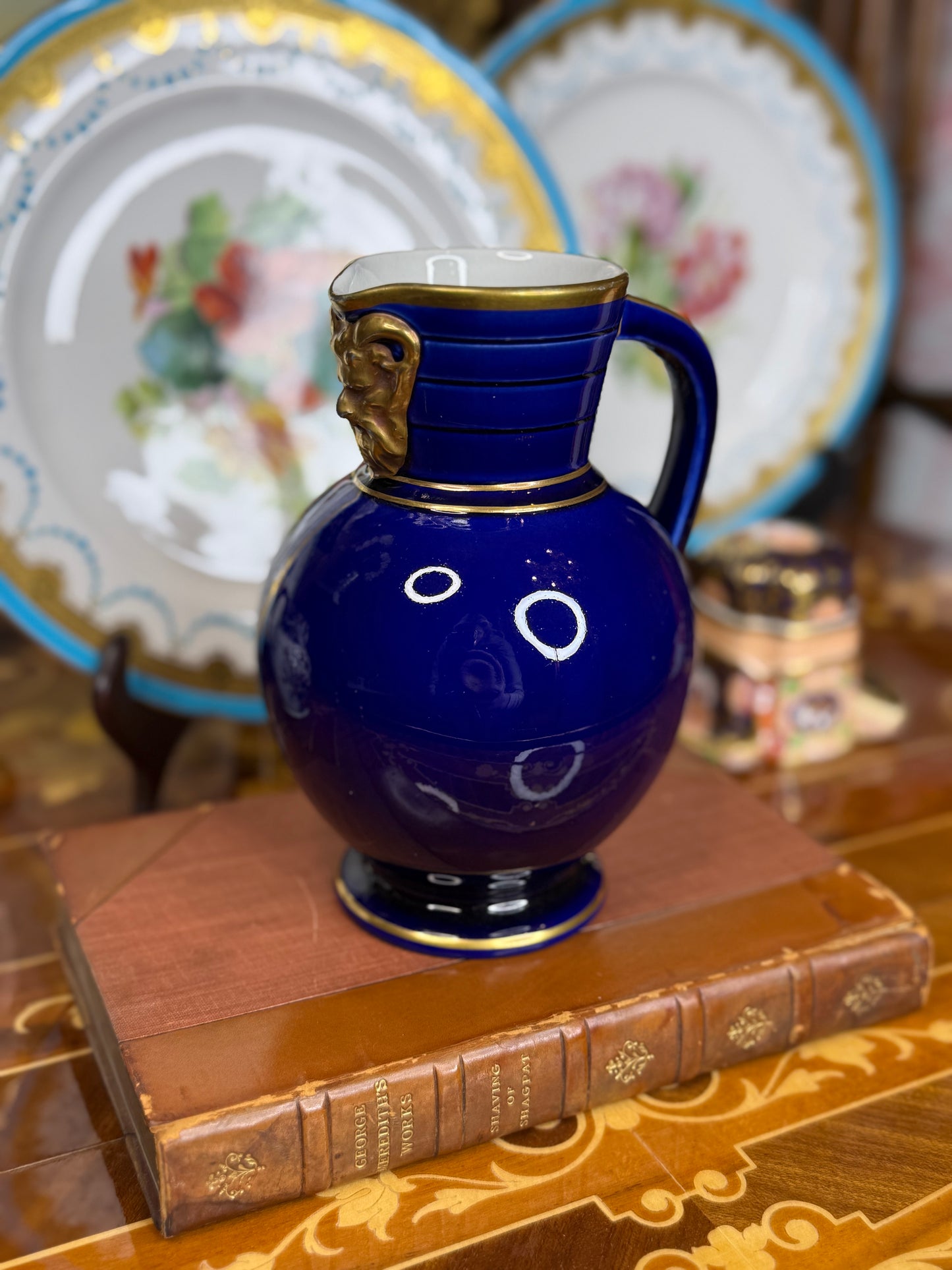 Wedgwood Doric-Shape Pitcher, c. 1861 – Cobalt Blue Earthenware, 6.5” Tall