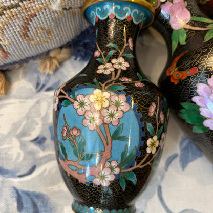 Set of 3 Bold vintage brass & enamel cloisonné etched vases