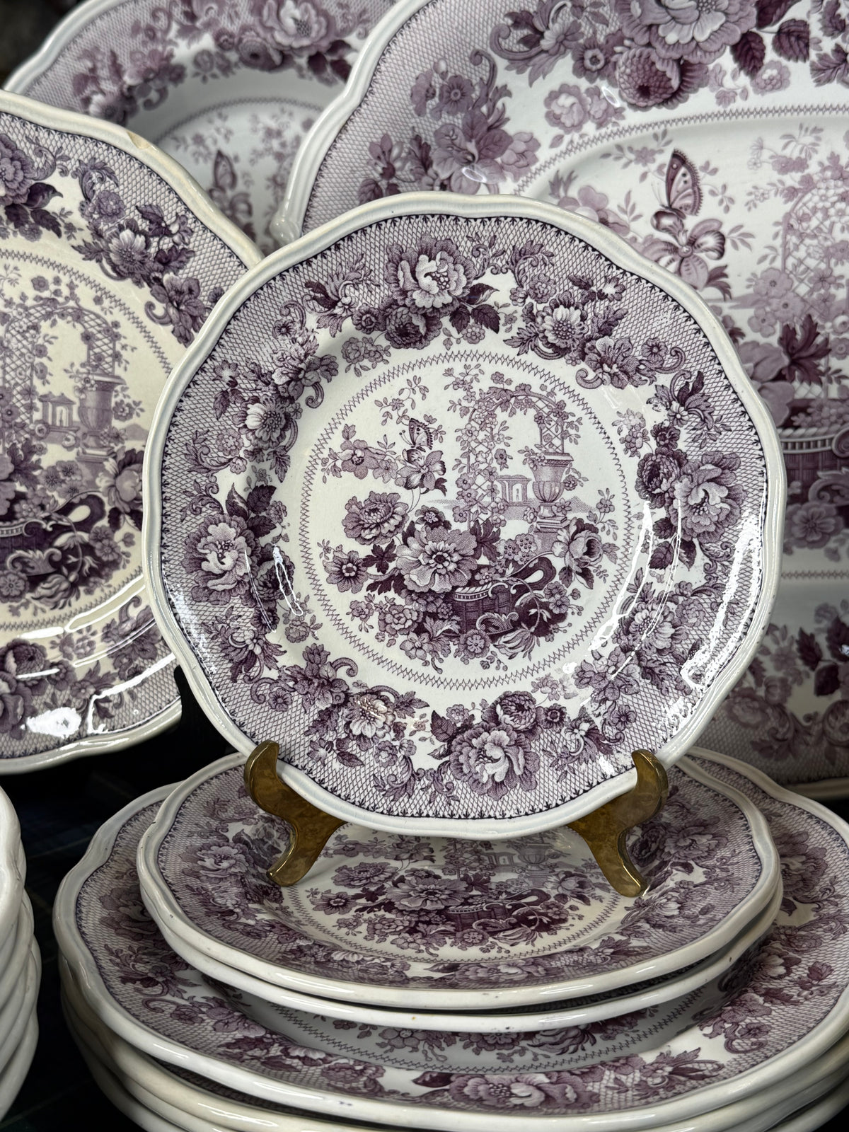 39 Pieces, Circa 1840 | Antique English Staffordshire “Canton Garden”Lavender/ Mulberry Transferware Dinner Service