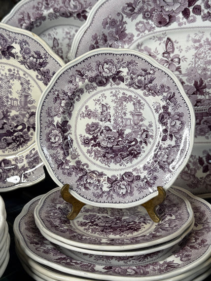 39 Pieces, Circa 1840 | Antique English Staffordshire “Canton Garden”Lavender/ Mulberry Transferware Dinner Service