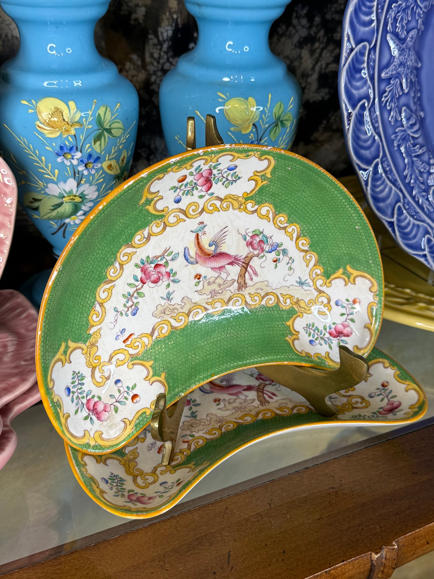 Antique Minton Cockatrice Green Crescent Dishes | Rare Pair | Exotic Bird & Floral | England c.1900