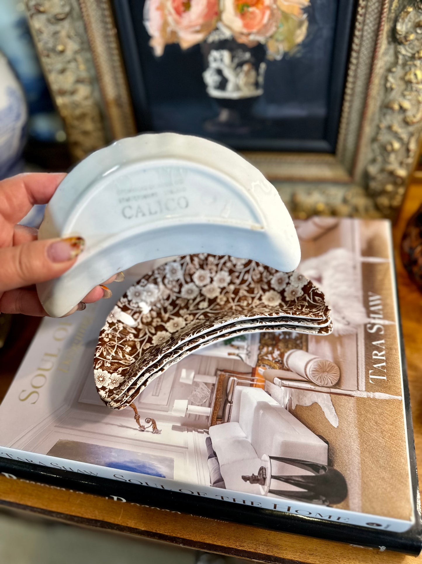 Fabulous Set of 4 Vintage Crownford Staffordshire Brown Calico Bone Dishes, 6.5"