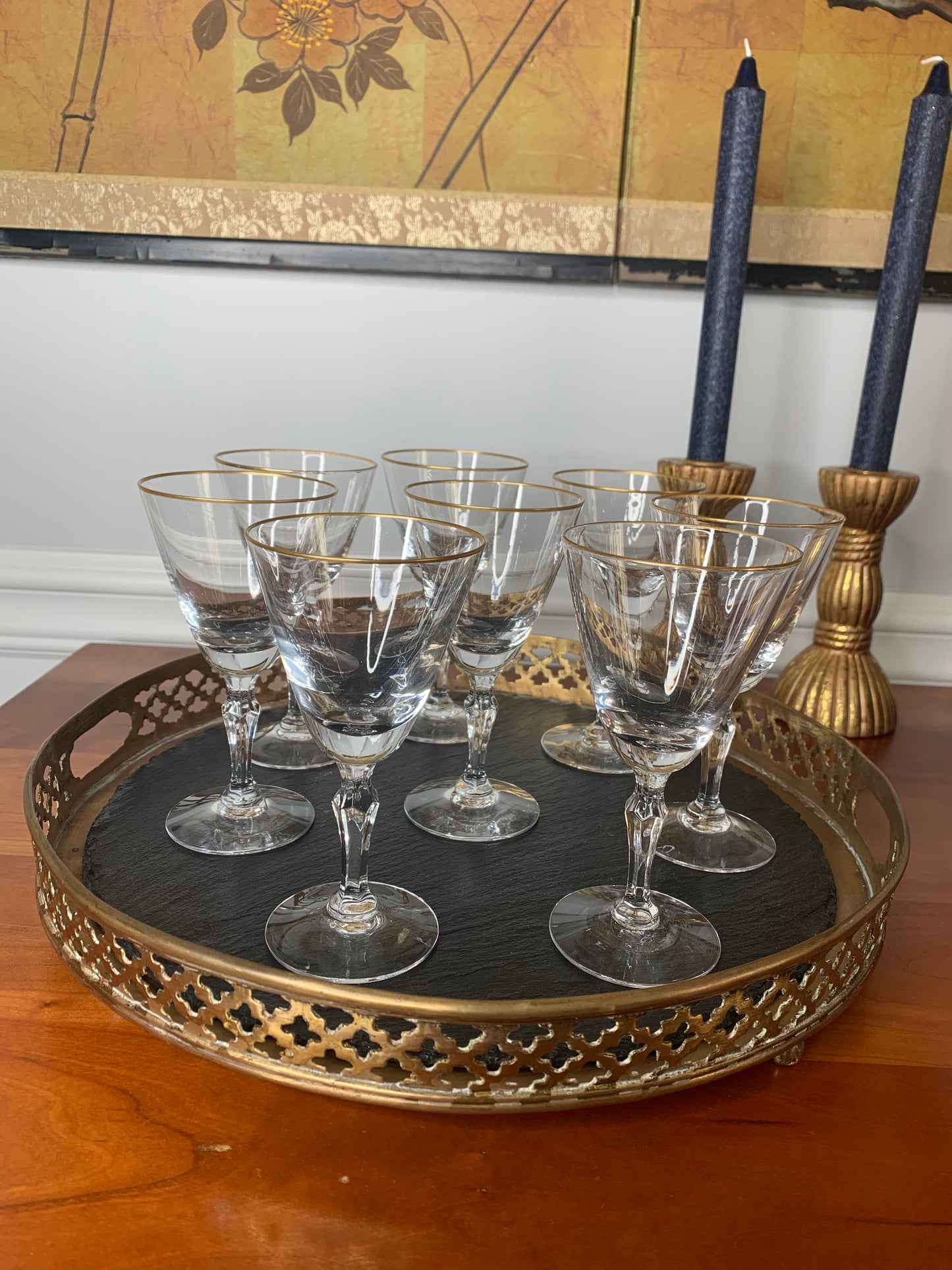 Set (10) Vintage Fostoria Aurora Gold Wine Glasses