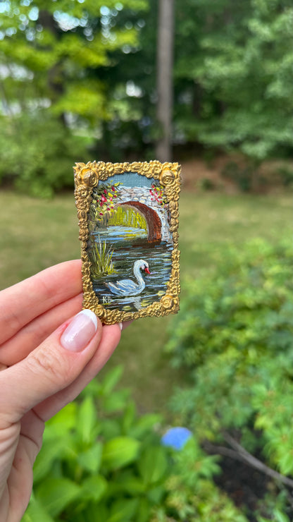 Reserved Swan mini oil painting in antique frame