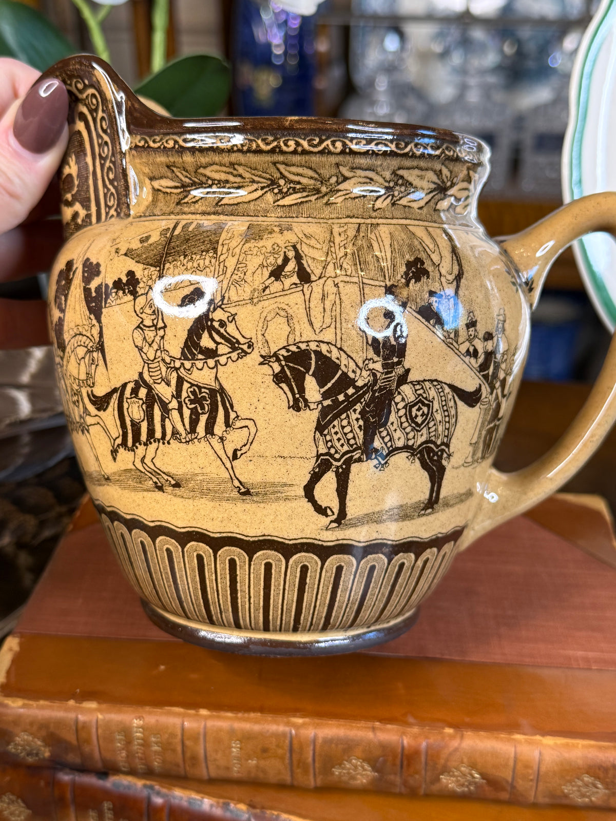 Antique Royal Doulton “Eglinton Tournament” Brown Transferware Equestrian Jug, Rd No. 408787, c.1904, 7” W x 5.5” H