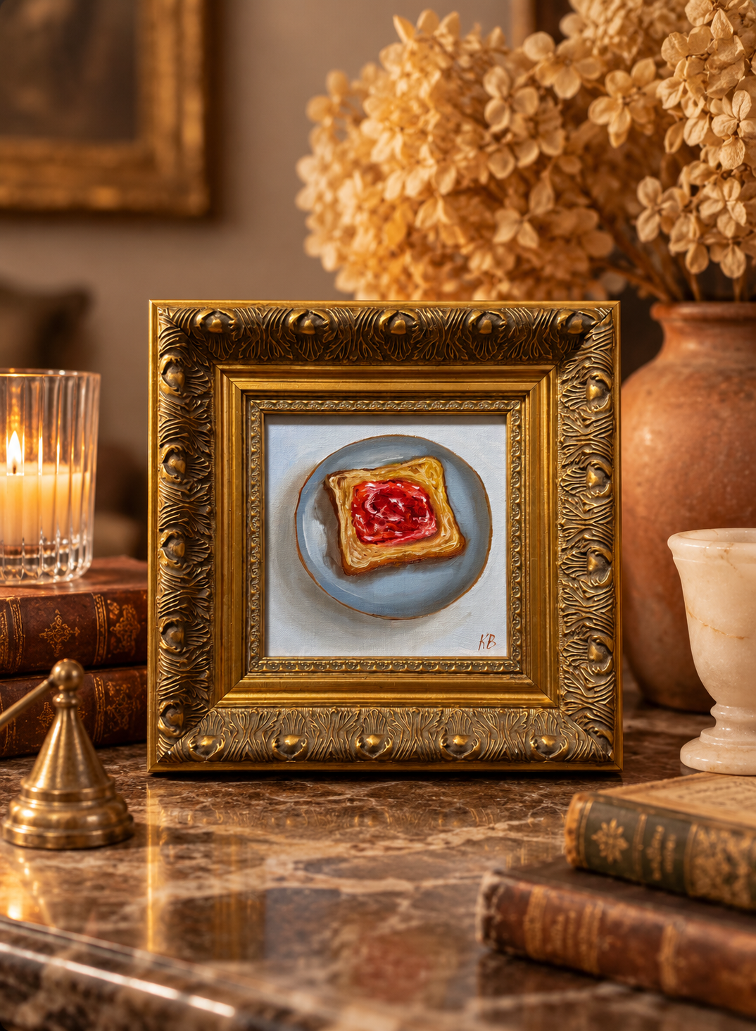 Toast with Strawberry Jam Original Framed Oil Painting Kitchen Wall Art