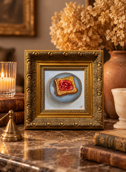 Toast with Strawberry Jam Original Framed Oil Painting Kitchen Wall Art
