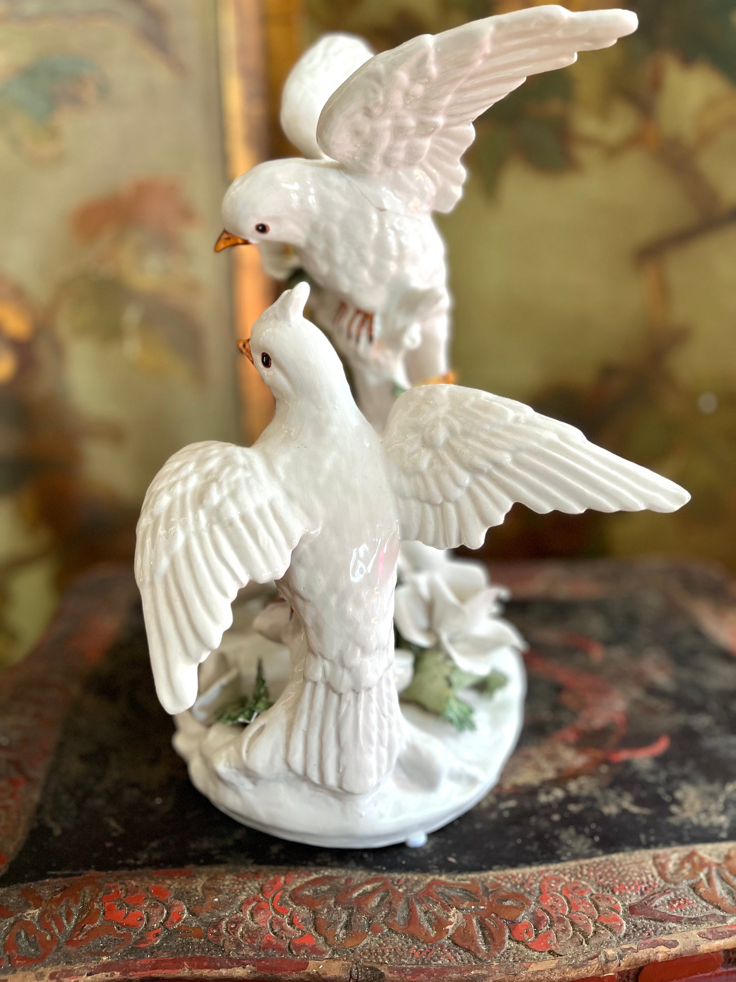 Live 08/25 Gorgeous Large Italian Porcelain Dove Pair with Hand-Applied Flowers – 14”