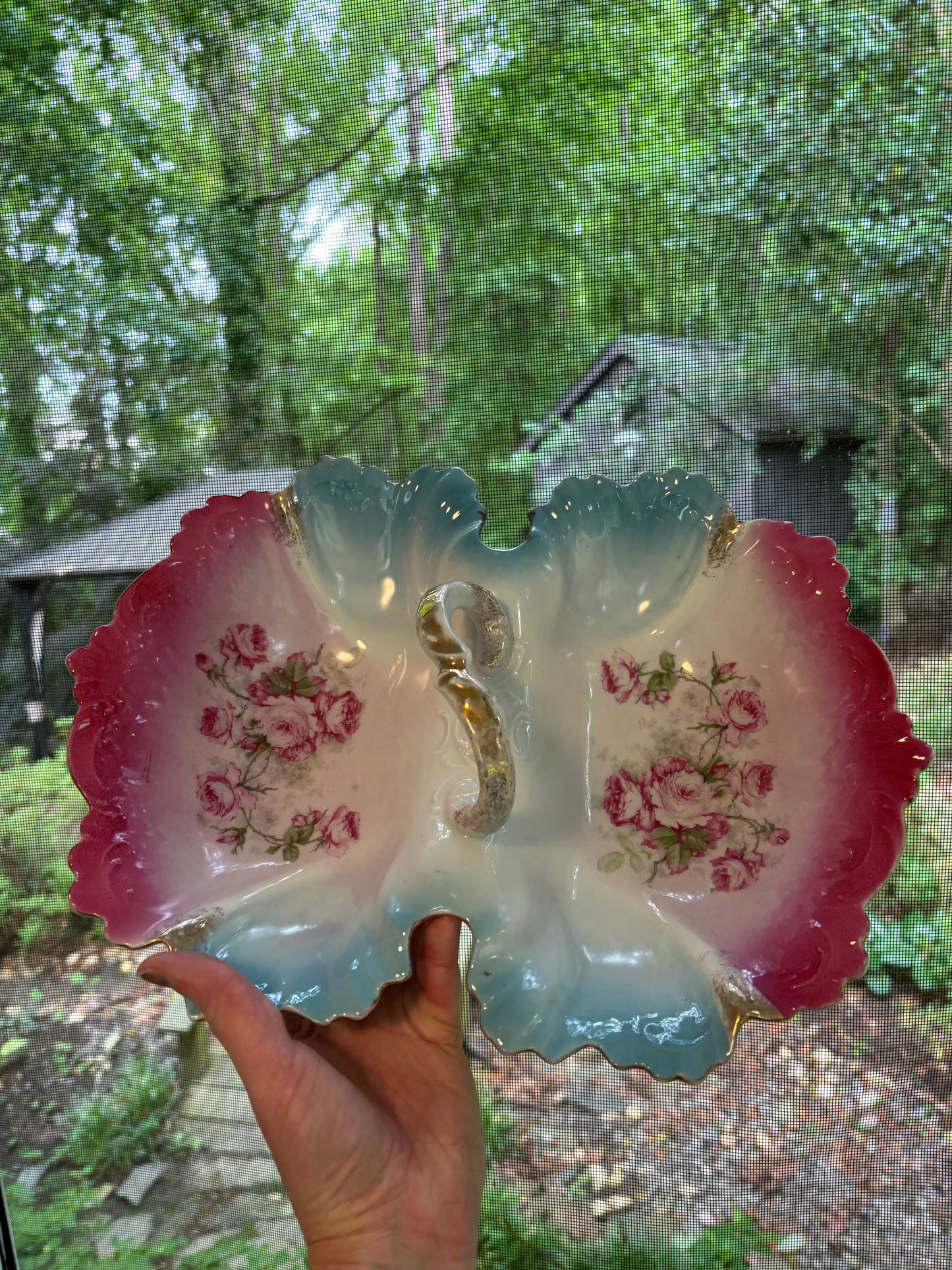 Beautiful decorative pink and blue floral dish with handle!
