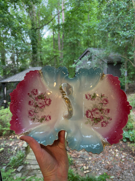 Beautiful decorative pink and blue floral dish with handle!