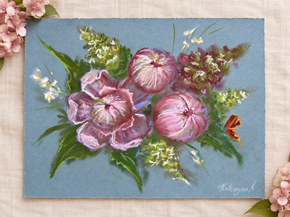 Pink Hydrangea pink peony Soft Pastel Drawing Original Floral Art 9x12”